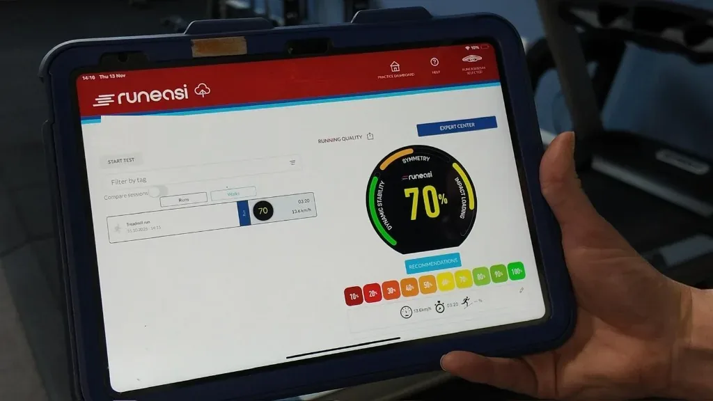 Runeasi results on a tablet during a treadmill assessment at Momentum